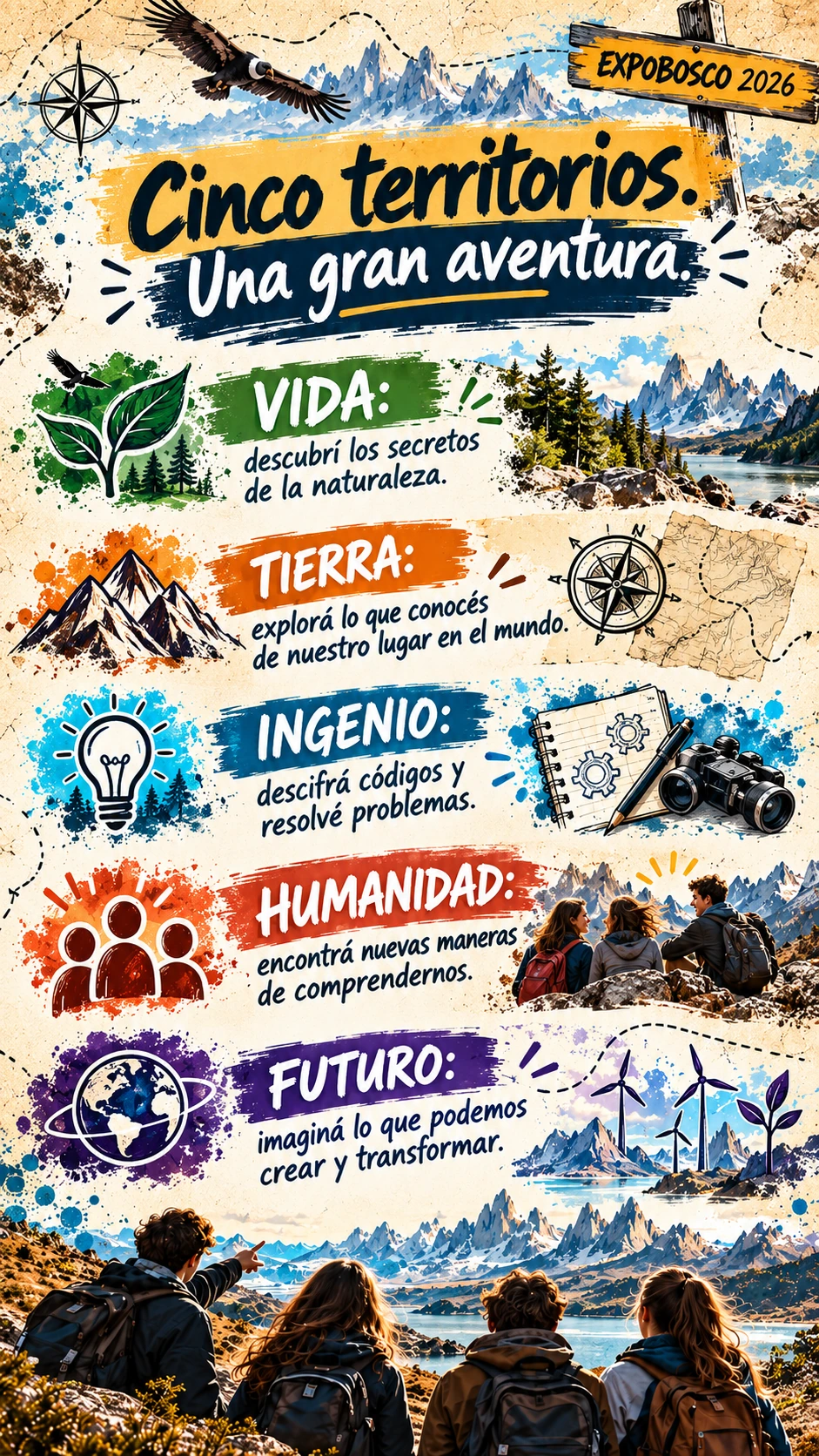 Cinco territorios, una gran aventura. Placa ilustrada del relato de EXPOBOSCO; el texto completo está disponible debajo.